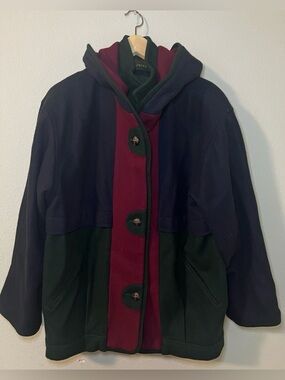 Herman Kay Size 8 Womens Heavy Wool Color block Cloak Hooded Jacket